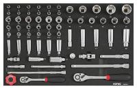 Įrankių vežimėlio įdėklas Įrankių skaičius: 65vnt, 1/2; 3/8", įdėklo matmenys: 570x370 mm, Įdėklo tipas: putos