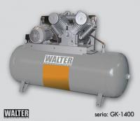 Stūmoklinis kompresorius Stūmoklinis oro kompresorius WALTER GK 1400-7,5/500 Techniniai duomenys: Našumas išėjimas - 1100 L/min, Darbinis slėgis max. - 10 bar. Variklio galingumas - 7.5